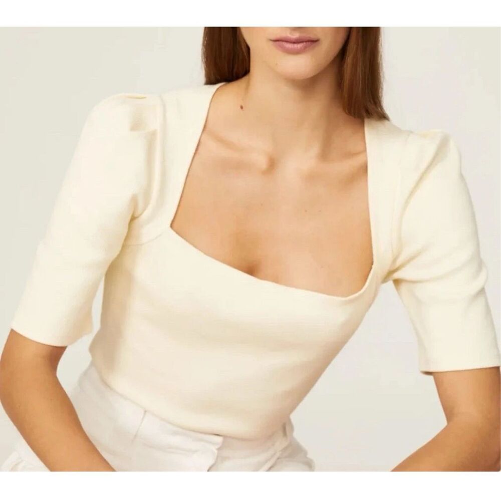 Derek Lam puff pleated short sleeve square neck ribbed yellow top size S